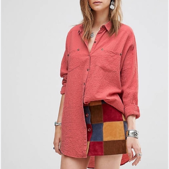 Free People Tops - FREE PEOPLE Coral Crepe Oversized textured Button Down Long Sleeve Top